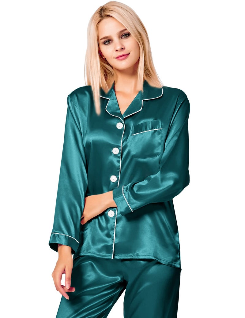SWOMOG Womens Silk Satin Pajamas Long Sleeve Loungewear Two-Piece Sleepwear Button-Down Pj Set Green - Image 2
